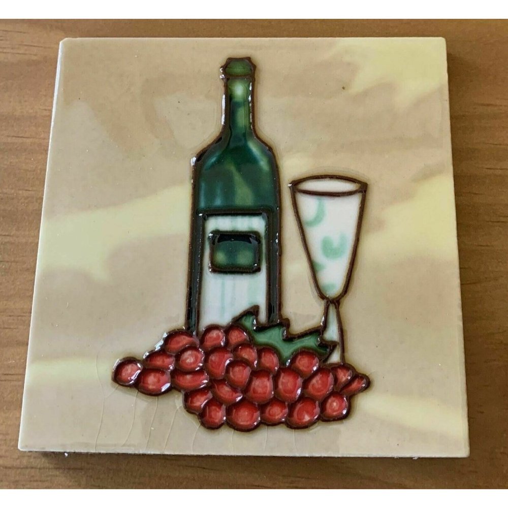Wine Glass Bottle Grapes  Decorative Wall Ceramic Art Tile 4x4 New